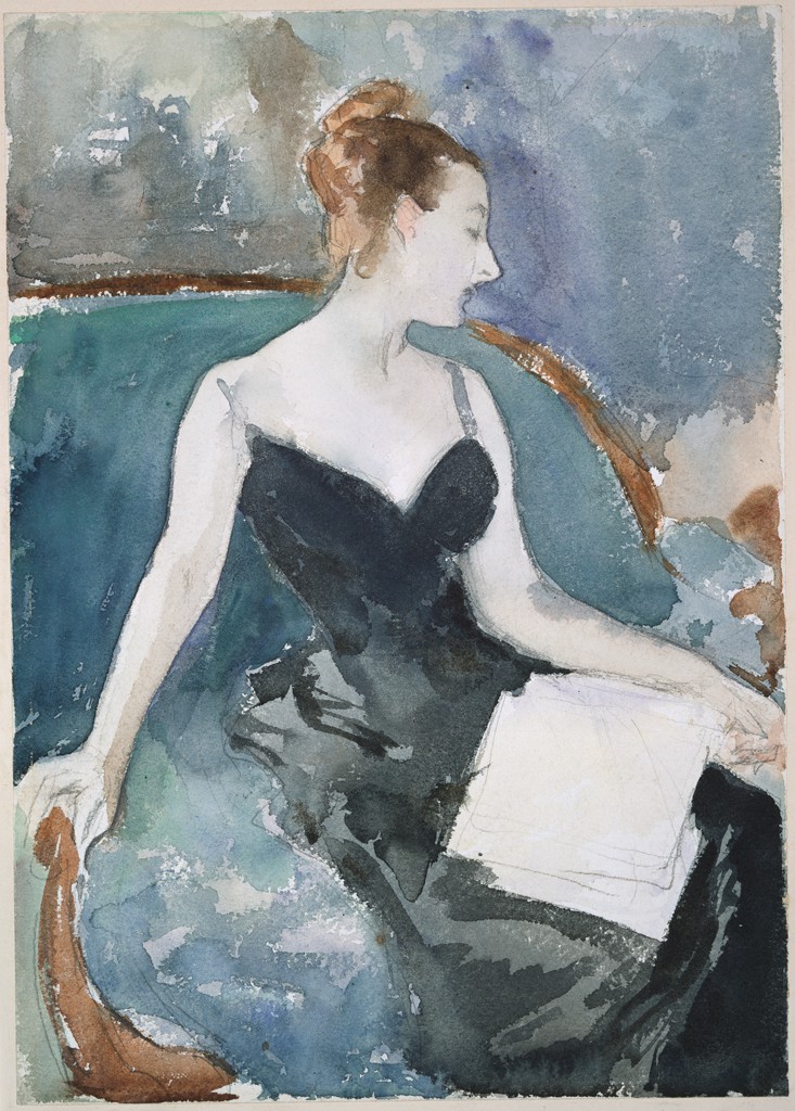 A very white skinned woman, in a plunging necklined, sleeveless black dress, sits with papers on her lap, looking towards the right side of the viewing plan, while stretching her left arm to rest her hand on the armrest of the blue chair she rests on.