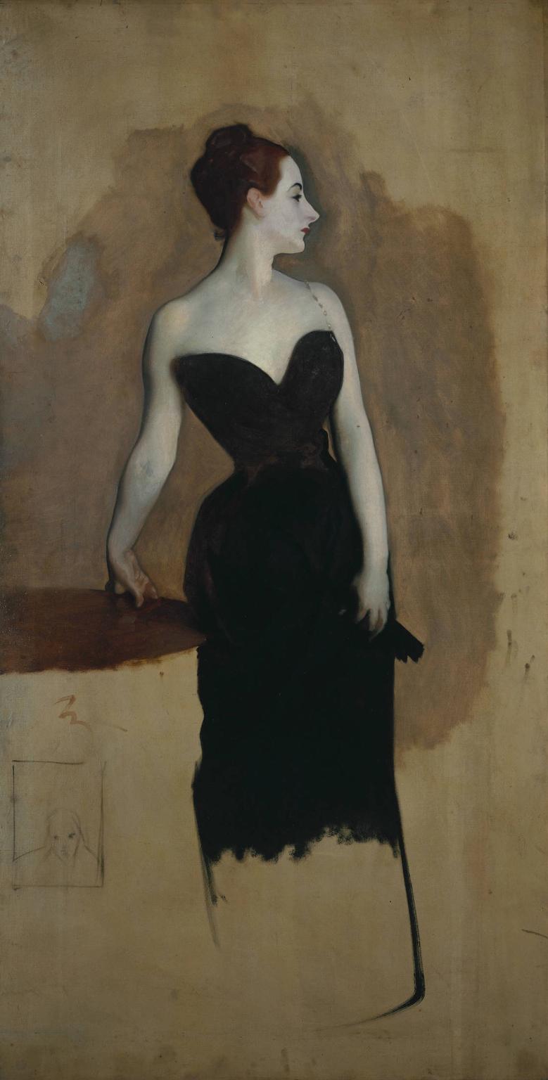 An unfinished painting of a woman leaning on a table in a black dress, her profile sharp against a blotchy brown background.