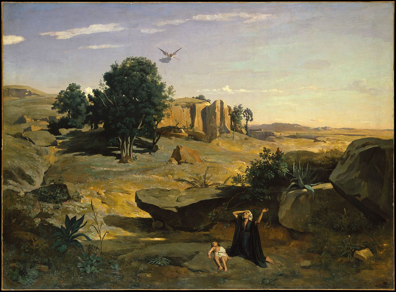 A woman weeps over the body of a young boy in a dry landscape as an angel approaches