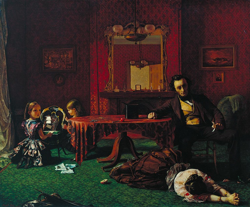 a woman lays on the floor in a pleading swoon while a man with a letter stares despondently into the middle distance, in the back ground two children react in surprise as the house of cards they have been building collapses