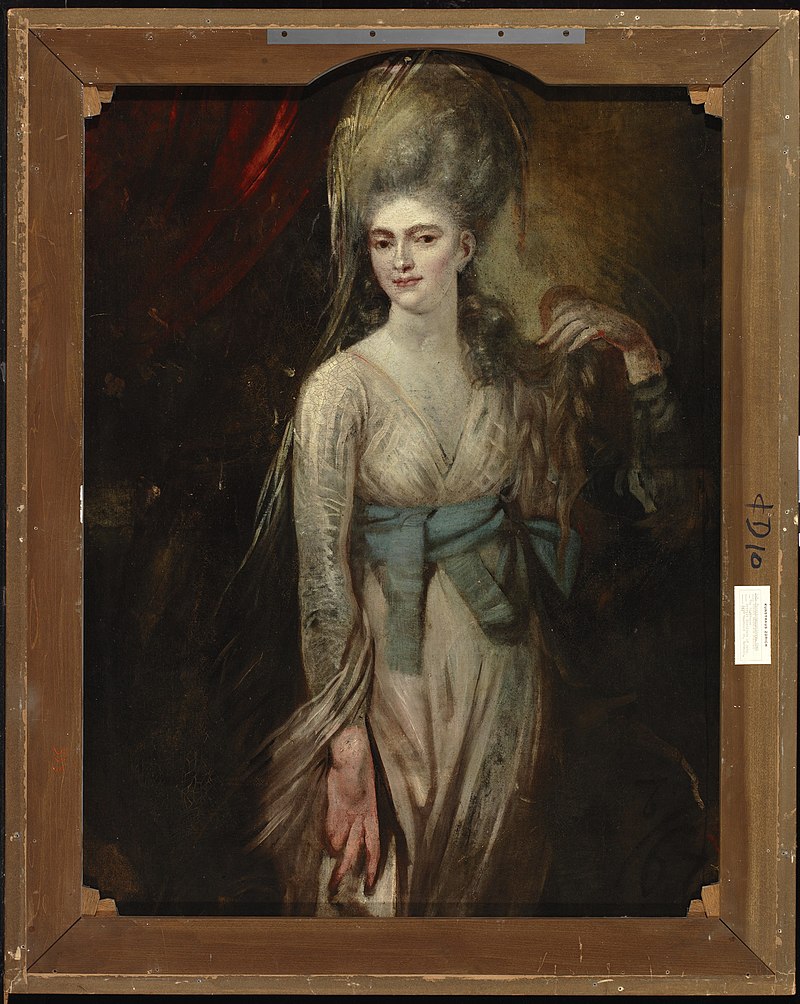 Portrait of a woman with a white dress, blue sash, surrounded by red curtains.