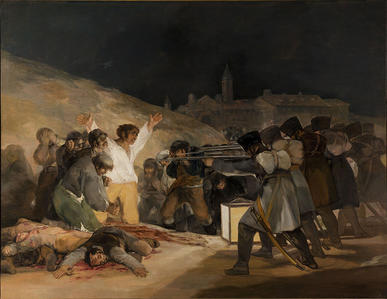 a man raises his hands before a firing squad as others wait their fate or lay dead on the ground